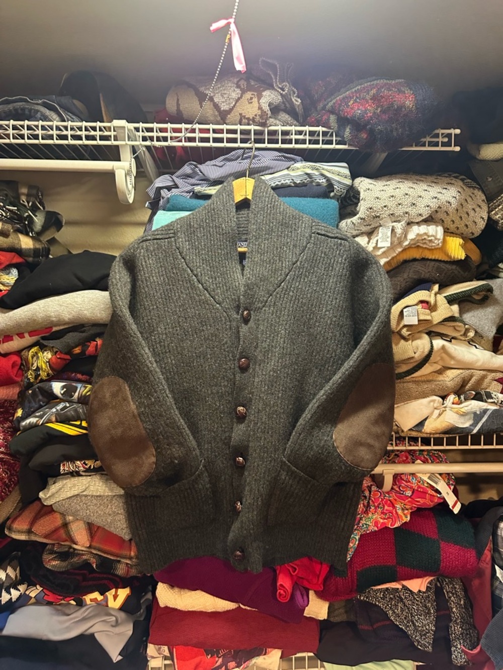 Vintage Lands End Lambswool Gray Knit Cardigan Sweater Elbow Patches Men’s M